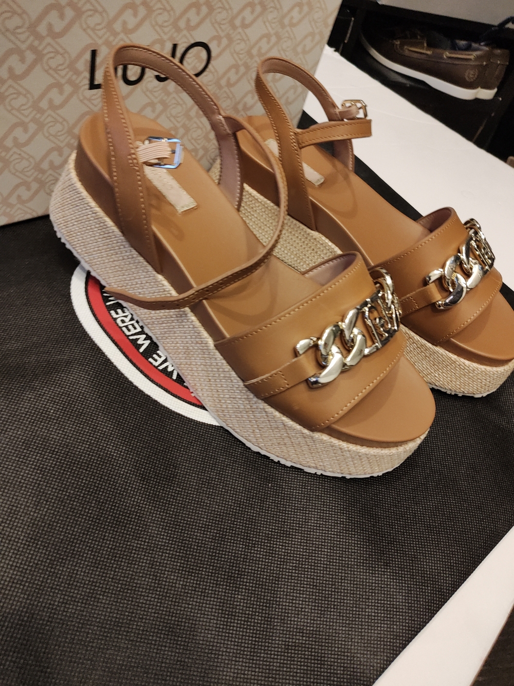 Liu Jo Tan Platform Wedge Sandals with Chain Detail 39